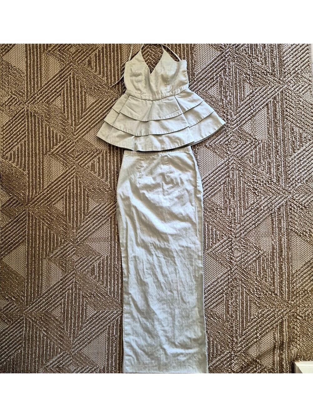 Vintage Y2K Handmade Light Green Jacquard 2 Piece Prom Dress Halter Skirt XS/S